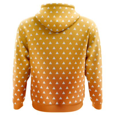 The Zenitsu Agatsuma Demon Slayer Hoodie is a yellow-orange hoodie featuring small white triangles evenly spaced across the back, sleeves, and hood.
