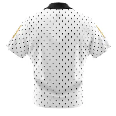 Back view of the Bruno Bucciarati Jojo’s Bizarre Adventure Button Up Hawaiian Shirt: white, short-sleeved, black collar, repeating small black teardrop pattern, and gold designs near both shoulders on the sleeves.