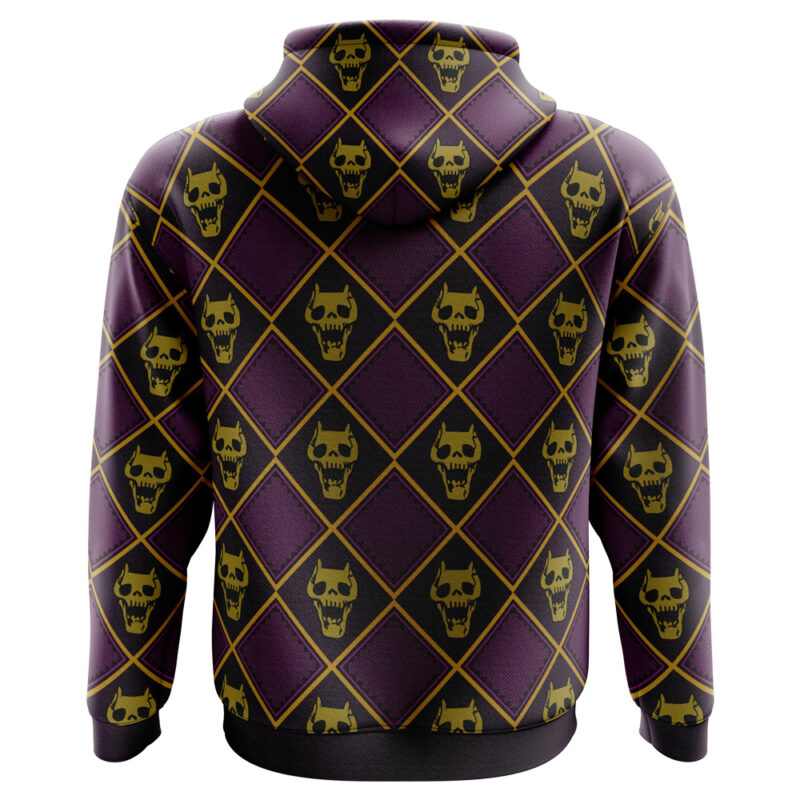 The Yoshikage Kira Killer Queen Jojo’s Bizarre Adventure Hoodie features a full-back, sleeve, and hood design of yellow skulls inside diamonds on a dark purple background.