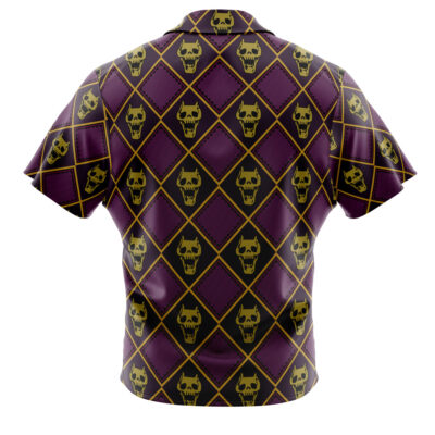 The Yoshikage Kira Killer Queen Jojo’s Bizarre Adventure Button Up Hawaiian Shirt features a purple and gold diamond pattern with repeating gold skull symbols, shown from the back.