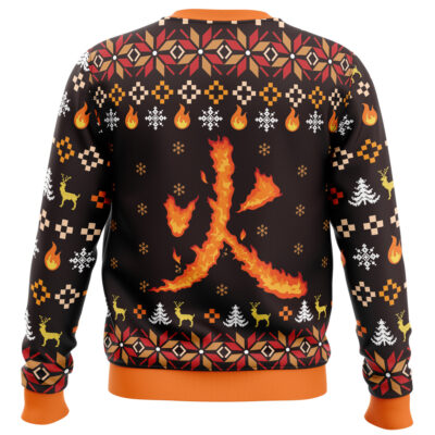 The Fire Rengoku Demon Slayer Christmas Sweater features orange cuffs and collar, a bold fiery kanji on the back, and festive holiday patterns with snowflakes, deer, trees, and flames.