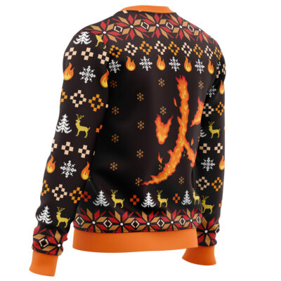 The Fire Rengoku Demon Slayer Christmas Sweater features orange cuffs and collar, holiday patterns with snowflakes, trees, reindeer, flames, and a bold fiery symbol on the back.