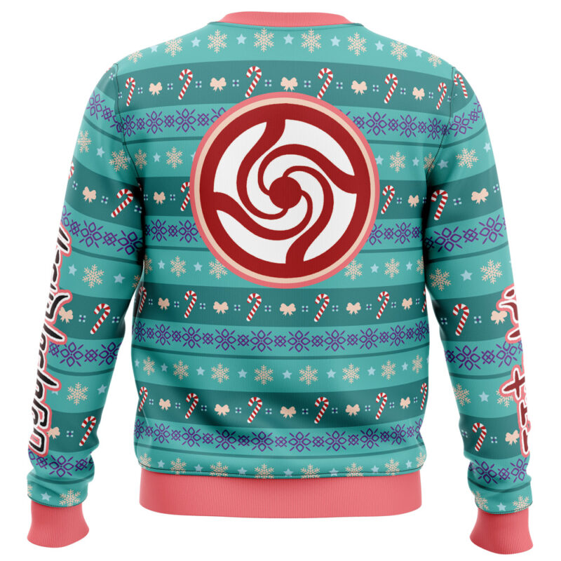 The Happy Dub Cast Jujutsu Kaisen Ugly Christmas Sweater features teal and red festive patterns with snowflakes, candy canes, white llamas, a large red spiral on the back center, and matching red cuffs and collar.