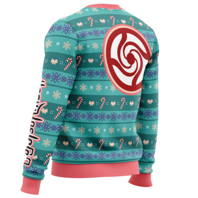 The Happy Dub Cast Jujutsu Kaisen Ugly Christmas Sweater is teal with pink trim, a red and white swirl logo on the back, festive candy canes, snowflakes, small patterns, and white lettering on the left sleeve.