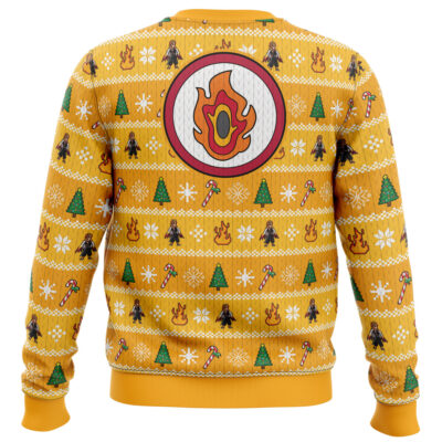 The Heart Ablaze Rengoku Demon Slayer Christmas Sweater features a large fire symbol on the back with festive rows of Christmas trees, snowflakes, candy canes, and small flame icons in a repeating holiday pattern.