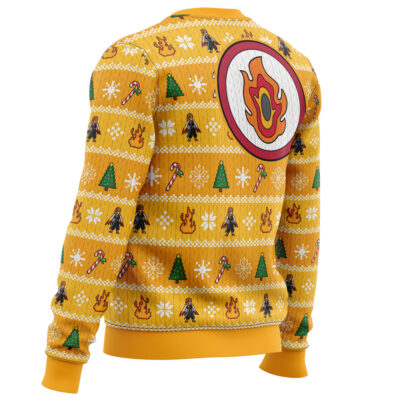 The Heart Ablaze Rengoku Demon Slayer Christmas Sweater features yellow fabric with tree, snowflake, flame, candy cane, and robed person patterns, a large back flame emblem, and matching yellow cuffs and collar.