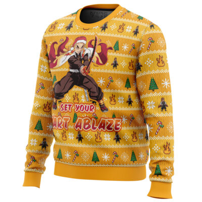 The Heart Ablaze Rengoku Demon Slayer Christmas Sweater is a yellow holiday top with an anime swordsman, flames, "SET YOUR HEART ABLAZE" text, and festive decorations including trees, snowflakes, candy canes, and character icons.