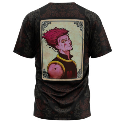 The Hypnotic Eye Hisoka Hunter X Hunter T-Shirt is black and showcases a stylized anime character with spiky pink hair, pale skin, and heart-shaped markings framed like a playing card on the back, with a subtle ornate pattern.