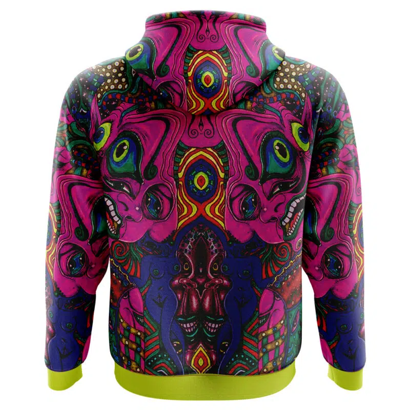The Mystic Faces Hisoka Hunter X Hunter Hoodie showcases a psychedelic design with bold pink, green, and purple abstract faces, swirling symmetrical patterns, and is finished with yellow cuffs and a waistband.