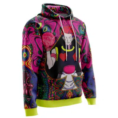 The Mystic Faces Hisoka Hunter X Hunter Hoodie features a vibrant psychedelic design with neon abstract patterns, an anime-style Hisoka with red hair, heart details, a raised fist, and lime green cuffs and hem.