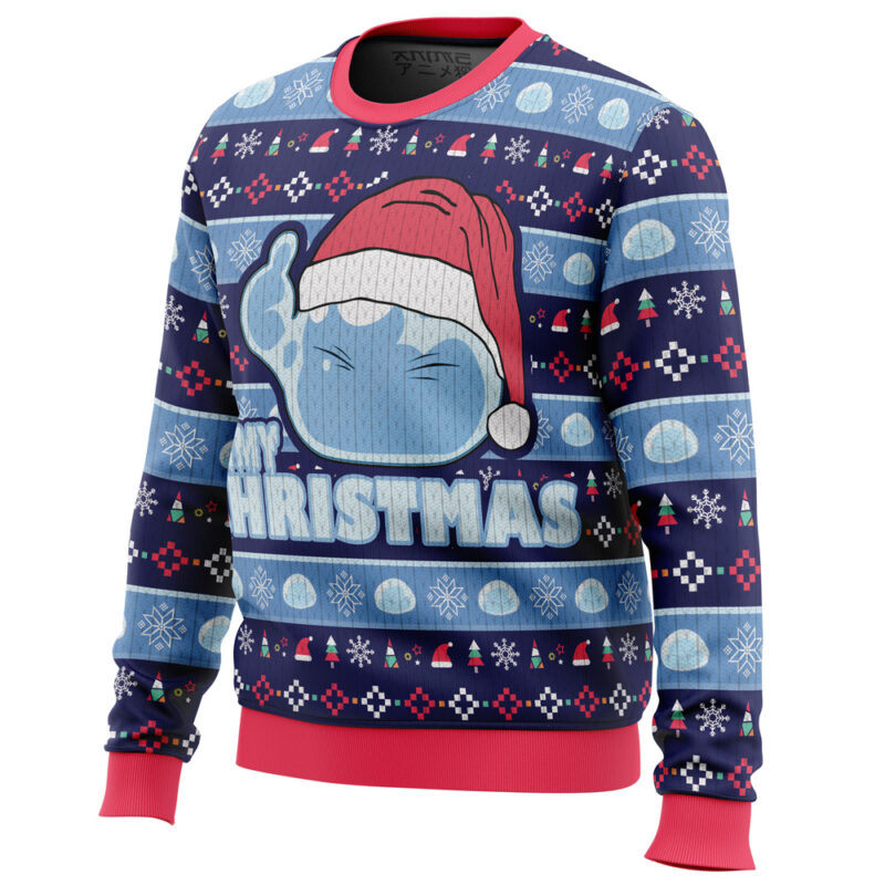 The Slimy Christmas sweater features red trim, snowflakes, baubles, and a cartoon blue slime in a Santa hat with “MY CHRISTMAS” in bold white letters—a festive nod to That Time I Got Reincarnated as a Slime.