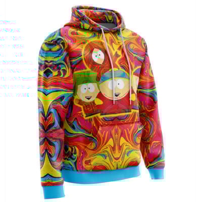 The Trippy South Park Hoodie features a psychedelic swirl pattern in red, yellow, blue, and orange with animated characters on the chest, plus blue cuffs and hem.