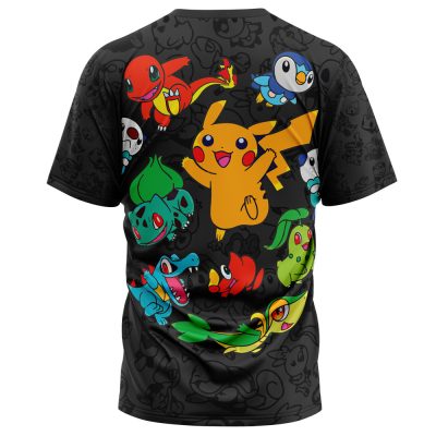 The Vibing Pokemon Characters T-Shirt is black and showcases colorful cartoon Pokémon—Pikachu, Charmander, Bulbasaur, Squirtle, Piplup, Chikorita, and Treecko—set against subtle Pokémon outlines in the background.