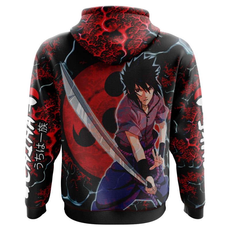 The Trippy Sasuke Uchiha Shippuden Hoodie features Sasuke wielding a sword, with red and black eye designs, lightning effects, and Japanese characters printed along the sleeves and side.