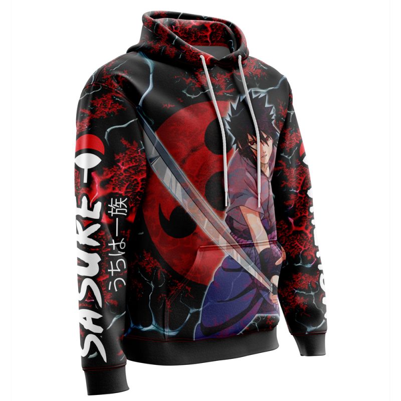 The Trippy Sasuke Uchiha Shippuden Hoodie is a black hoodie showcasing Sasuke holding a sword, with a bold red Uchiha clan symbol behind him and "SASUKE" plus Japanese text on the sleeve.