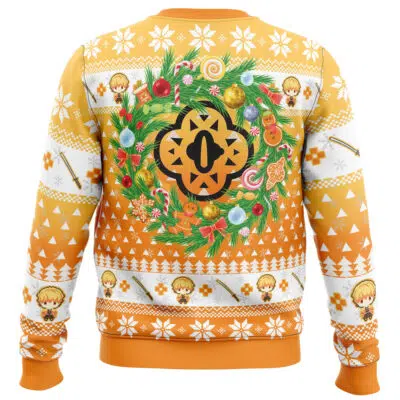 The Christmas Zenitsu Agatsuma Demon Slayer Ugly Christmas Sweater is a festive orange and white top with snowflakes, geometric patterns, a green wreath with ornaments and candies, cartoon characters, and decorative accents throughout.