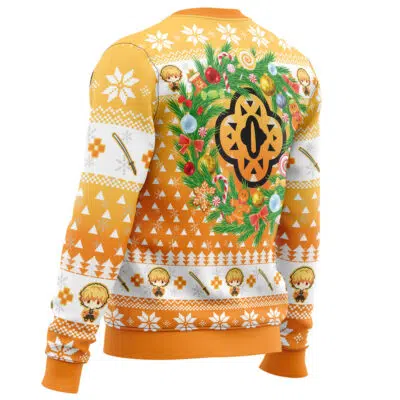 The Christmas Zenitsu Agatsuma Demon Slayer Ugly Christmas Sweater is orange and white with holiday patterns, snowflakes, cartoon characters, and a large festive wreath with ornaments and candy on the back.