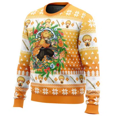 The Christmas Zenitsu Agatsuma Demon Slayer Ugly Christmas Sweater is orange and white, featuring Zenitsu surrounded by festive designs like candy canes, ornaments, cookies, and repeating patterns of his face, swords, and geometric shapes.