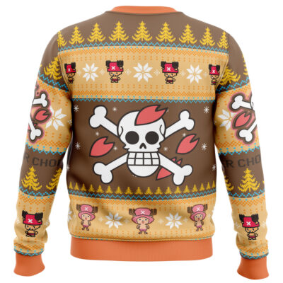 The Christmas Tony Chopper One Piece Ugly Christmas Sweater features a large skull with crossbones and red antlers, surrounded by yellow trees, snowflakes, and cartoon reindeer in pink hats on a brown and orange background.