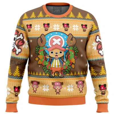 The Christmas Tony Chopper One Piece Ugly Christmas Sweater features the anime character with a wreath, snowflakes, trees, and Chopper and skull patterns in brown, orange, and yellow for a festive holiday look.