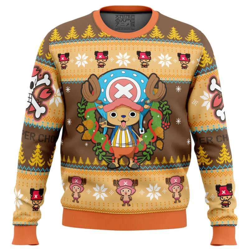 The Christmas Tony Chopper One Piece Ugly Christmas Sweater features the anime character with a wreath, snowflakes, trees, and Chopper and skull patterns in brown, orange, and yellow for a festive holiday look.
