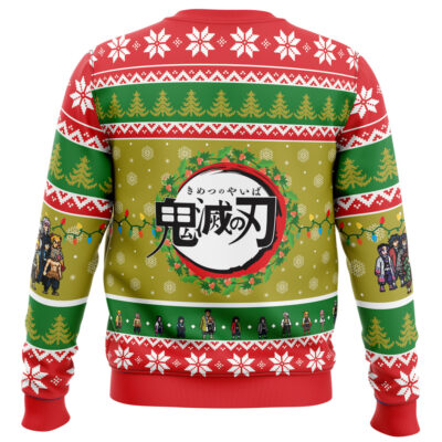 The Christmas Demon Slayer Squad Ugly Christmas Sweater features red, green, and white holiday patterns with snowflakes and trees. The back shows Demon Slayer anime characters and logo surrounded by string lights.