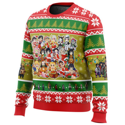 Show off your holiday spirit with the Christmas Demon Slayer Squad Ugly Christmas Sweater, featuring characters from Demon Slayer and festive red, green, and white holiday patterns.
