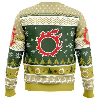 The Christmas Fantasy Final Fantasy XIV Ugly Christmas Sweater features green, yellow, and white patterns with trees, reindeer, snowflakes, and a bold red and white abstract design centered on the back.