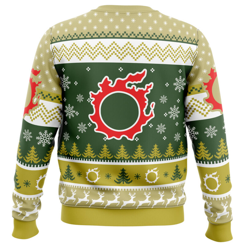 The Christmas Fantasy Final Fantasy XIV Ugly Christmas Sweater features green, yellow, and white patterns with trees, reindeer, snowflakes, and a bold red and white abstract design centered on the back.