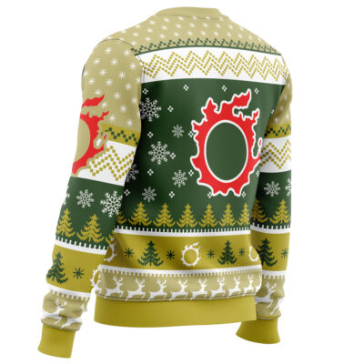 The Christmas Fantasy Final Fantasy XIV Ugly Christmas Sweater features green, gold, and white patterns with snowflakes, trees, reindeer, and a bold red and gold flame-like symbol on the back and sleeve.