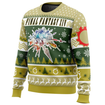 The Christmas Fantasy Final Fantasy XIV Ugly Christmas Sweater features white snowflakes, trees, reindeer, gears in green, yellow, and white, plus a large sword and crystal graphic with the FFXIV logo on the chest.