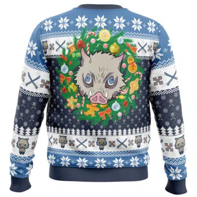 The Christmas Hashibira Inosuke Demon Slayer Ugly Christmas Sweater features a large boar's head framed by a festive wreath on the back, with snowflakes, swords, and small boar faces repeating across the blue fabric.