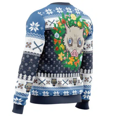Get festive with the Christmas Hashibira Inosuke Demon Slayer Ugly Christmas Sweater, featuring a large wreath with a cartoon boar's face, snowflakes, crossed swords, and chibi characters in a blue and white holiday design.