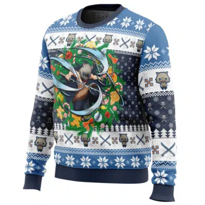 The Christmas Hashibira Inosuke Demon Slayer Ugly Christmas Sweater is blue and features a chibi anime character with swords, green leaves, orange slices, snowflakes, pixel bears, and axes in a festive pattern.