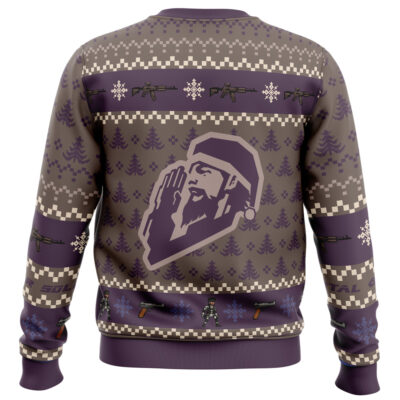 The Christmas Metal Gear Solid Ugly Christmas Sweater features a pixel art person in a winter hat making a hand gesture, with snowflakes, trees, and firearms on a purple, gray, and beige color scheme for a festive look.