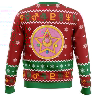 The Christmas Sailor Guardians Sailor Moon Ugly Christmas Sweater is red and green with white snowflakes, planetary symbols in rows, and a large magical compact with a star and gems on the back.