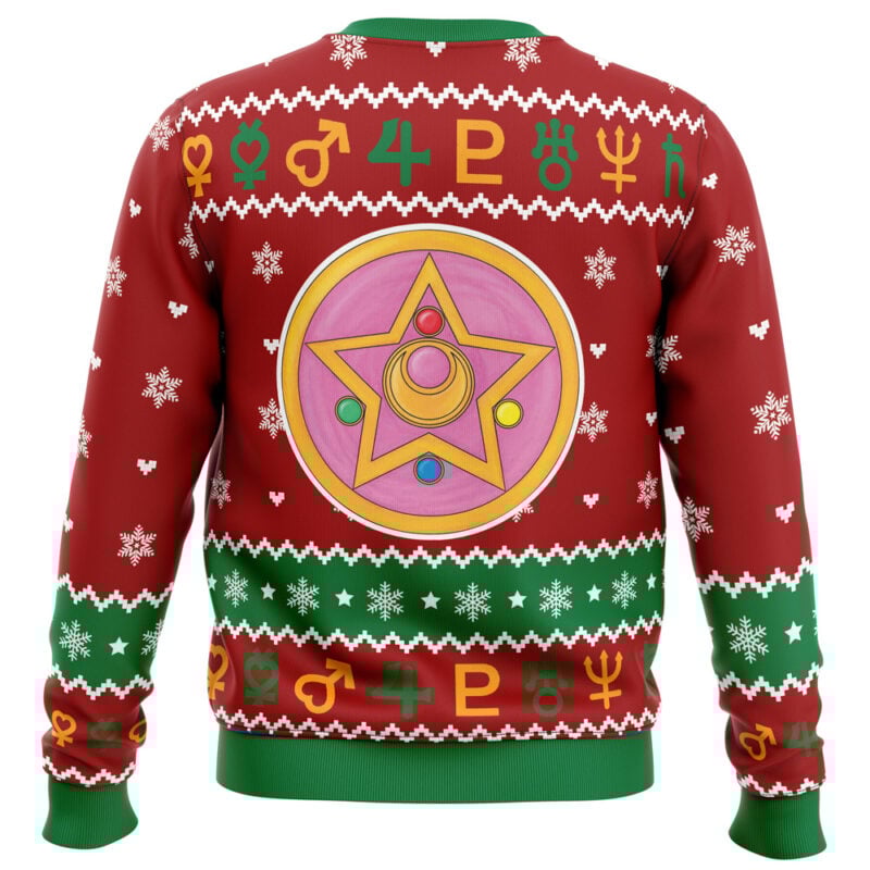 The Christmas Sailor Guardians Sailor Moon Ugly Christmas Sweater is red and green with white snowflakes, planetary symbols in rows, and a large magical compact with a star and gems on the back.