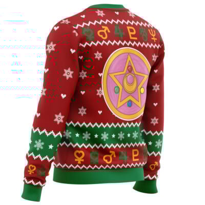 The Christmas Sailor Guardians Sailor Moon Ugly Christmas Sweater features white snowflakes, green trim, yellow and green zodiac symbols, and a large colorful emblem with a star and gems on the back.
