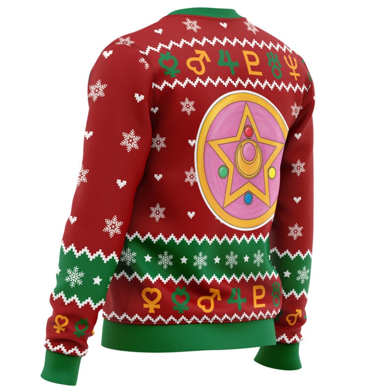 The Christmas Sailor Guardians Sailor Moon Ugly Christmas Sweater features white snowflakes, green trim, yellow and green zodiac symbols, and a large colorful emblem with a star and gems on the back.