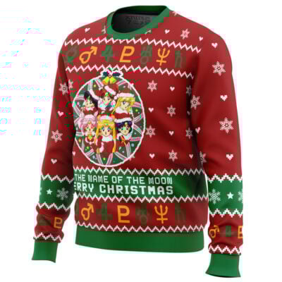 The Christmas Sailor Guardians Sailor Moon Ugly Christmas Sweater is red and green, featuring anime characters in a circular design with snowflakes, festive patterns, and “In the name of the moon Merry Christmas” on the front.
