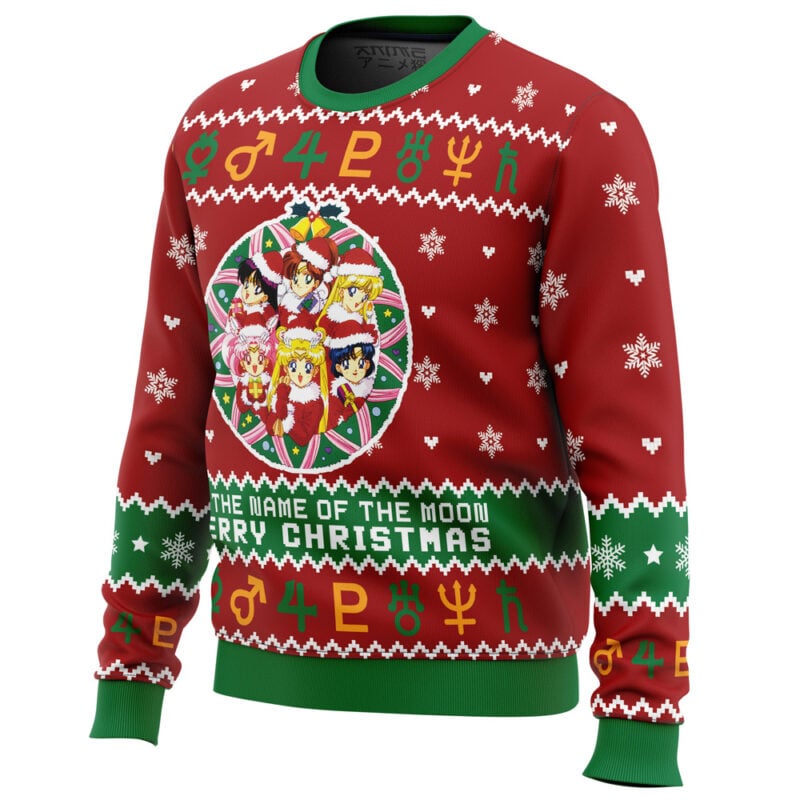 The Christmas Sailor Guardians Sailor Moon Ugly Christmas Sweater is red and green, featuring anime characters in a circular design with snowflakes, festive patterns, and “In the name of the moon Merry Christmas” on the front.