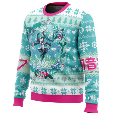 The Christmas Symphony Hatsune Miku Ugly Christmas Sweater features teal and pink colors, snowflakes, music notes, Miku with long teal hair at the center, winter decorations, and Japanese text on the sleeve.