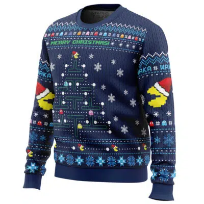 The Christmas Tree Pac-Man Christmas Sweater features a blue design with a pixelated Pac-Man maze shaped like a tree, Pac-Man, ghosts, snowflakes, Merry Christmas! text, and Santa hats on each sleeve.