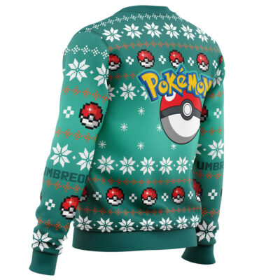 The Christmas Umbreon Pokemon Ugly Christmas Sweater is green with white snowflakes, red and white Poké Balls, the Pokémon logo, a large Poké Ball on the back, and "UMBREON" printed on the left sleeve.