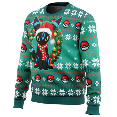 The Christmas Umbreon Pokemon Ugly Christmas Sweater is green, featuring Umbreon in a Santa hat and scarf inside a wreath, with Poké Balls and white snowflakes decorating the fabric.