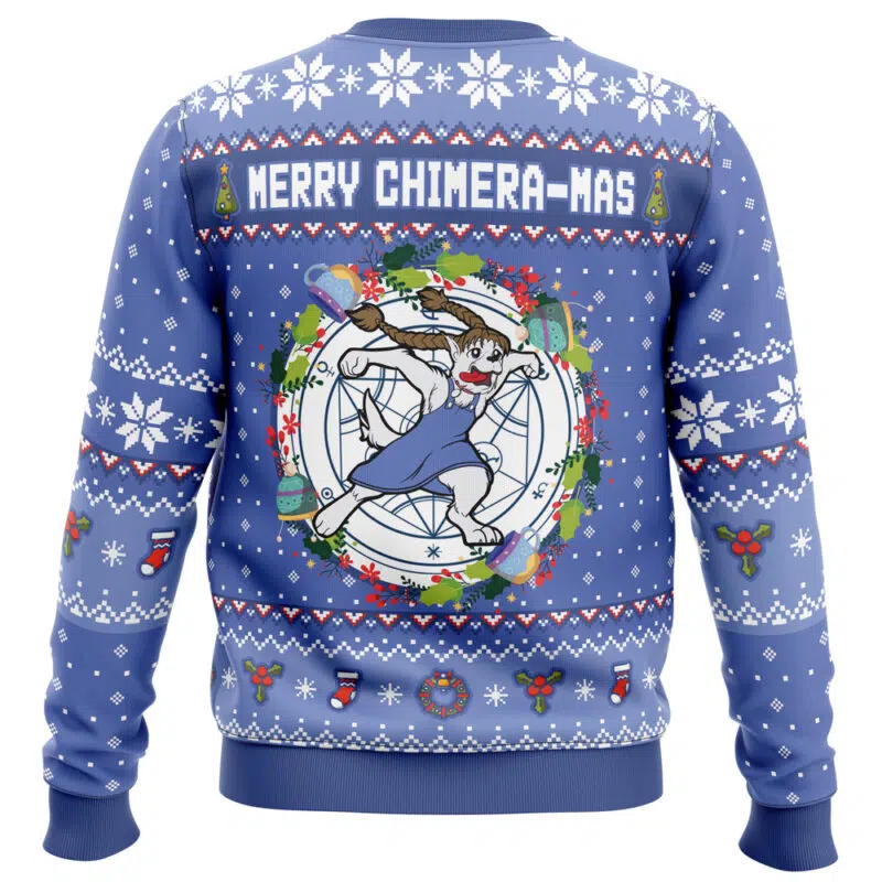 The Merry Chimera-mas Fullmetal Alchemist Christmas Sweater features white snowflakes, festive icons, and holiday accents. The back shows a chimera in a blue dress with gifts and Merry Chimera-Mas in bold above.