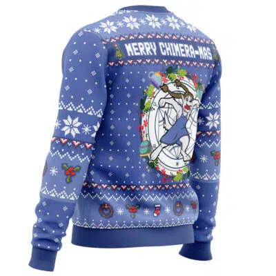 The Merry Chimera-mas Fullmetal Alchemist Christmas Sweater is blue with white snowflake and holly patterns, featuring a festive chimera in a Santa hat and scarf. “Merry Chimera-mas” appears across the upper back.