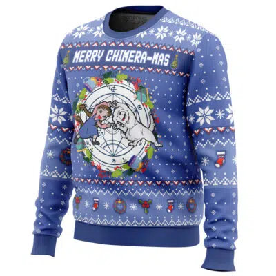 The Merry Chimera-mas Fullmetal Alchemist Christmas Sweater features a blue design with white snowflakes, festive icons, and “Merry Chimera-mas” text. The center shows a cartoon girl hugging a lion-like chimera inside a holiday wreath.