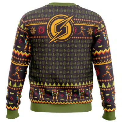 The Santa Samus Aran Metroid Ugly Christmas Sweater features a green collar and cuffs, pixel art trees, zigzags, running figures in yellow, red, and green, plus a large yellow circular emblem with a diagonal line on the back.