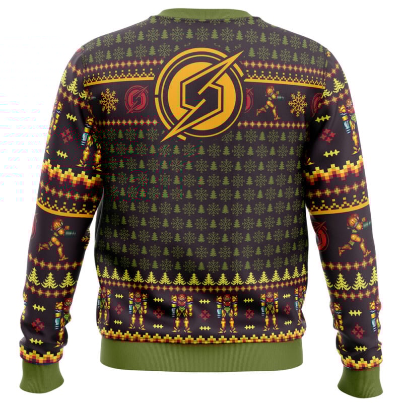 The Santa Samus Aran Metroid Ugly Christmas Sweater features a green collar and cuffs, pixel art trees, zigzags, running figures in yellow, red, and green, plus a large yellow circular emblem with a diagonal line on the back.